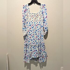 LoveShackFancy Blue and Pink Tiered Bishop Sleeve Dress